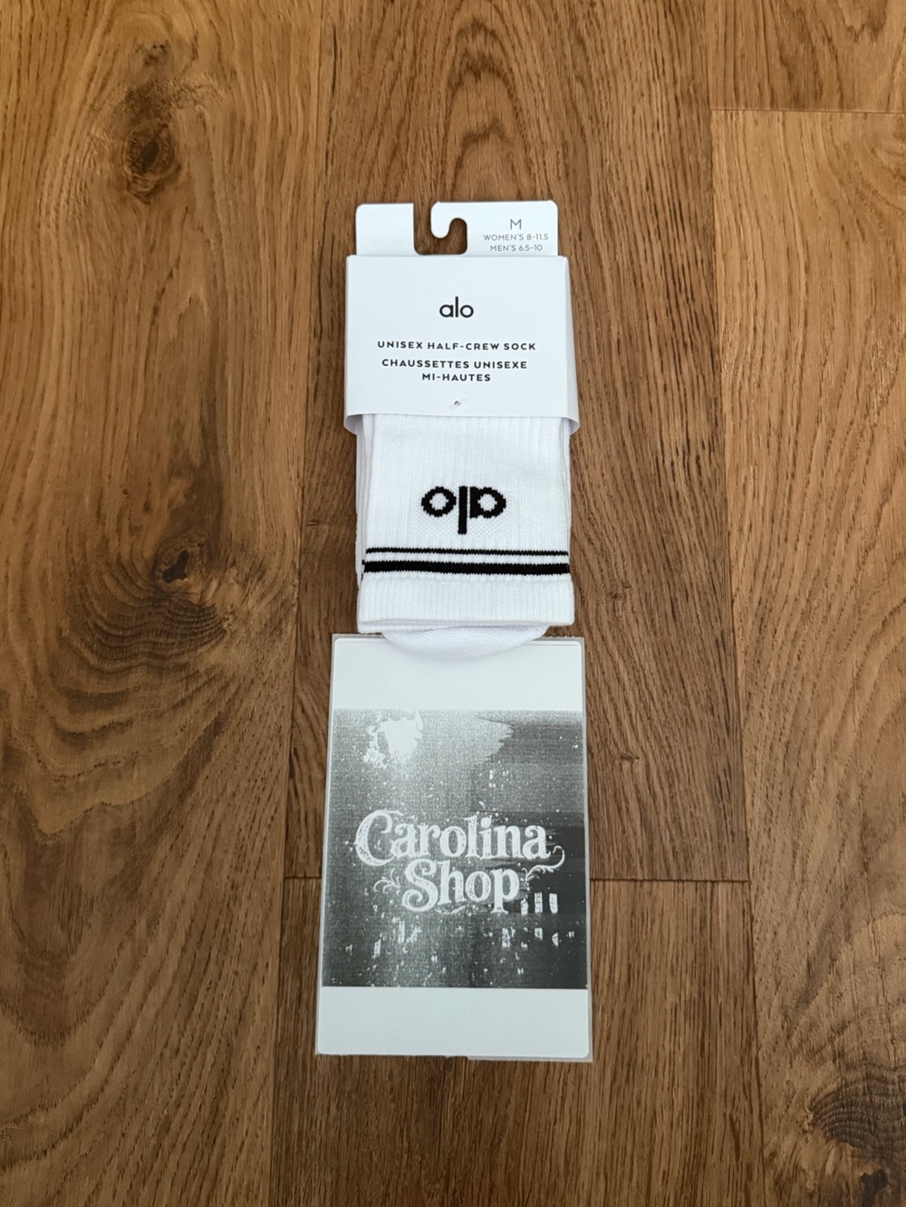 ALO Yoga White Half Crew Socks with Black Stripe and Logo